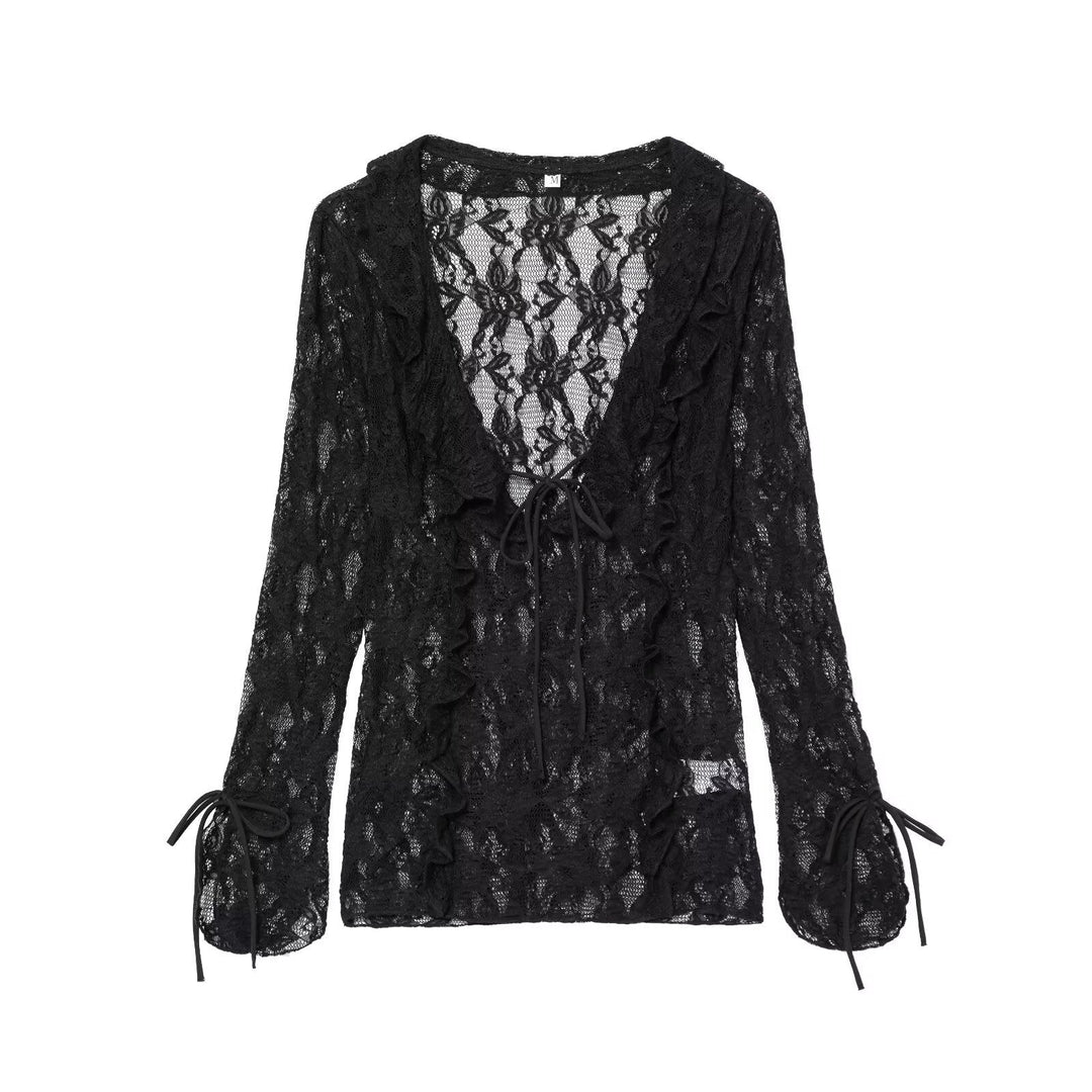 Women's lace blouse with deep V neckline, ruffled front and bell sleeves with tie bands Mune Fashion