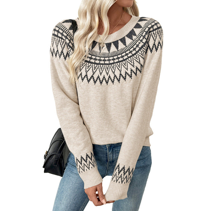 Women's fine knit pullover with jacquard round yoke and subtle openwork details Mune Fashion