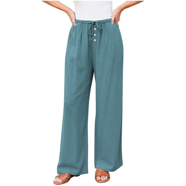 Women Linen-Look Pants with Wide Leg, Elastic Waist, Drawstring and Button Detail Mune Fashion
