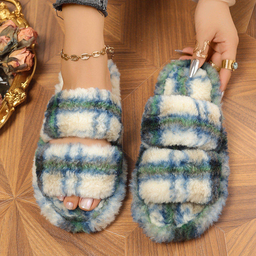 Women's Comfortable Fluffy Slippers with Double Strap