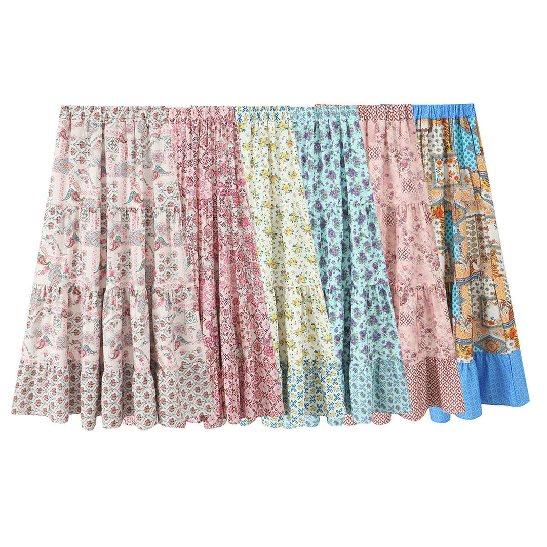 Women's Long Tiered Skirt with Floral Allover Print, Elastic Waistband and Ruffled Panels Mune Fashion