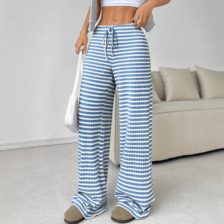 Women's loungewear pants with wide leg, ribbed fine knit and drawstring Mune Fashion