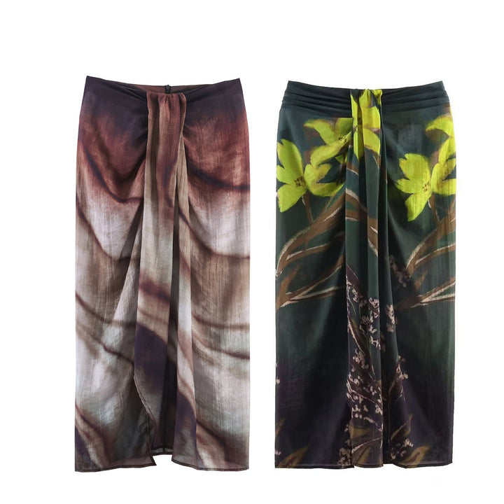 Women's flowing maxi skirt with draping at the waistband and floral watercolor print Mune Fashion