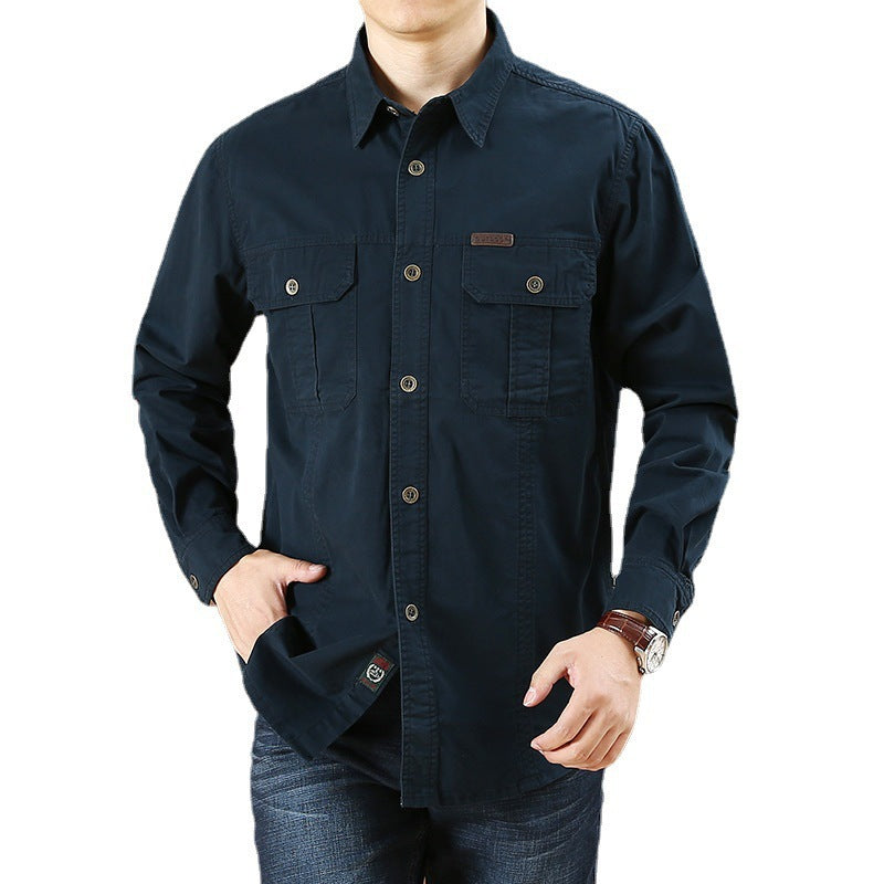 Men's urban worker shirt made of washed cotton twill with double chest pockets and contrast stitching.