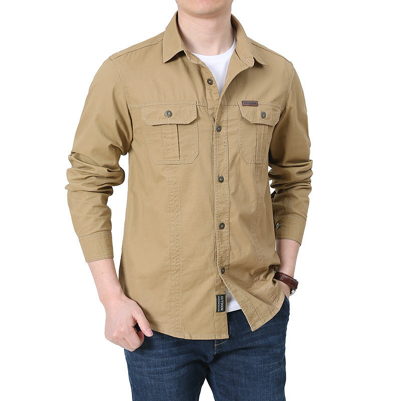 Men's urban worker shirt made of washed cotton twill with double chest pockets and contrast stitching.