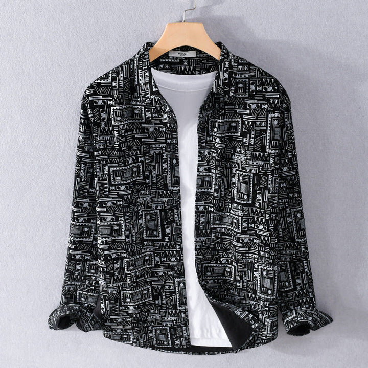 Men's Long Sleeve Shirt in Overshirt Style with Geometric Ethno Print Mune Fashion