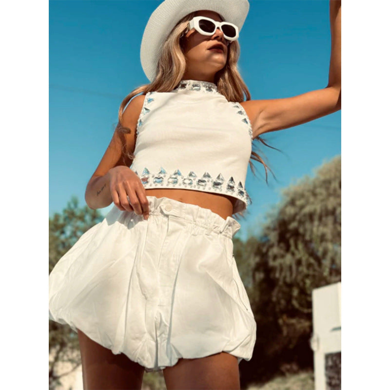 Women's Fashionable Shorts with Elastic Waist and Decorative Ruffled Hem