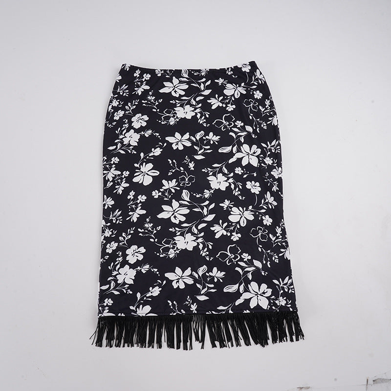 Women Midi Skirt Pencil Skirt with Floral Print and Fringe Trim Mune Fashion