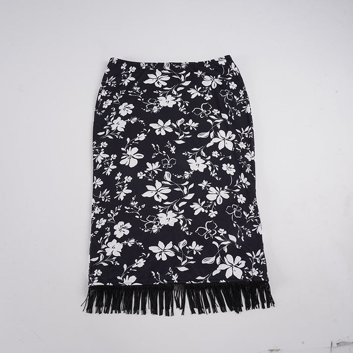Women Midi Skirt Pencil Skirt with Floral Print and Fringe Trim Mune Fashion