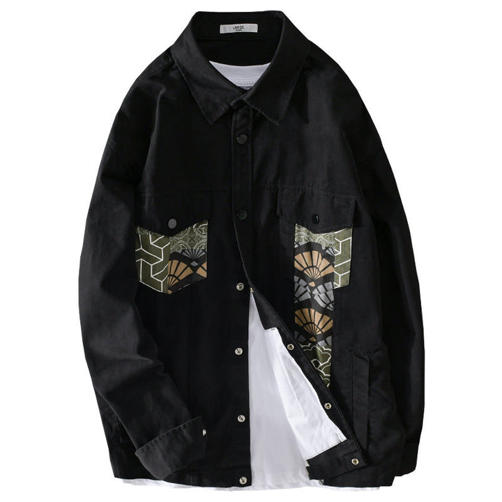 Men's Lightweight Canvas Overshirt in Worker Style with Japanese Pattern Patch and Snap Button Placket Mune Fashion
