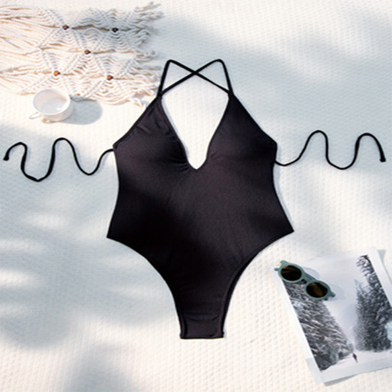 Women's One-Piece Swimsuit with Deep V-Neck and Sophisticated Ties Mune Fashion