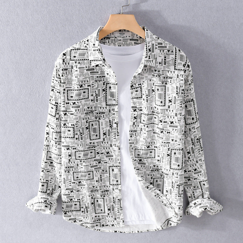 Men's Long Sleeve Shirt in Overshirt Style with Geometric Ethno Print Mune Fashion