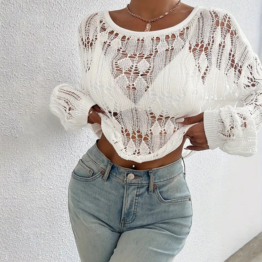 Ladies elegant, airy knit top with open crochet look Mune Fashion