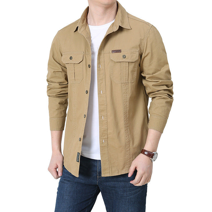 Men's urban worker shirt made of washed cotton twill with double chest pockets and contrast stitching.