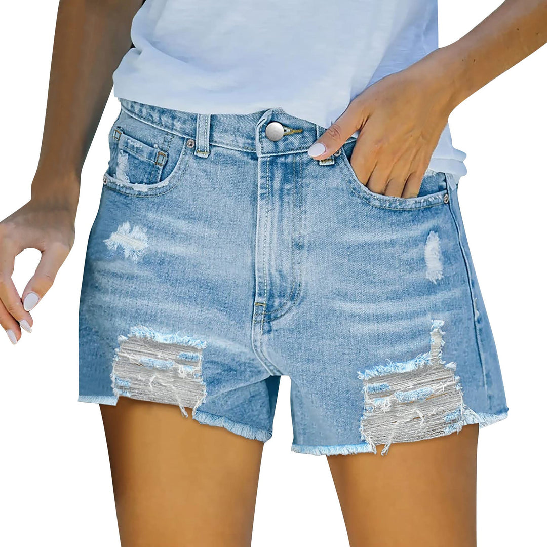 Women's Destroyed Denim Shorts with High Waist and Frayed Hem