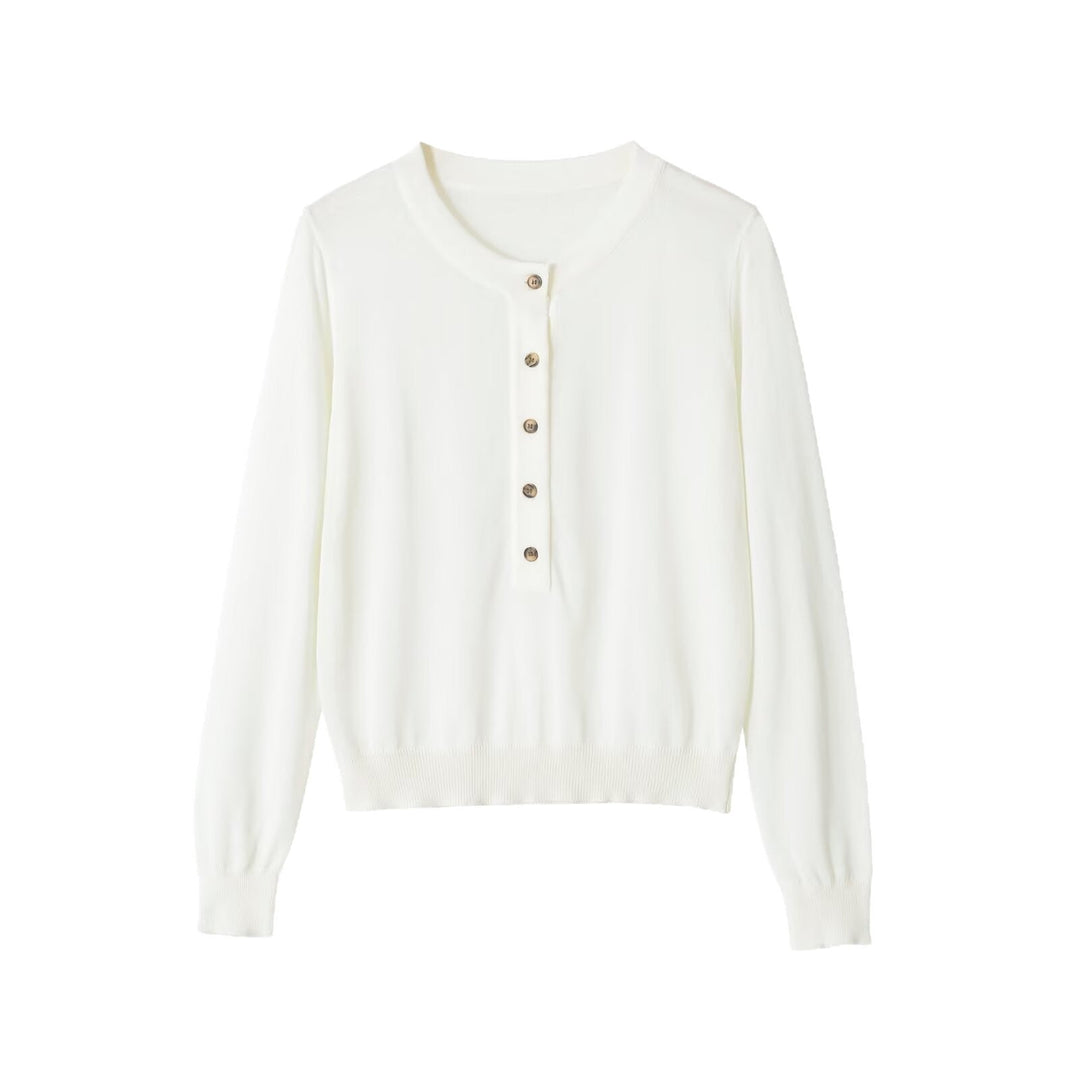 Ladies fine-knit henley pullover with button placket and ribbed hem Mune Fashion