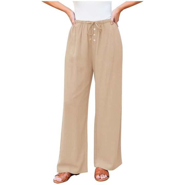 Women Linen-Look Pants with Wide Leg, Elastic Waist, Drawstring and Button Detail Mune Fashion