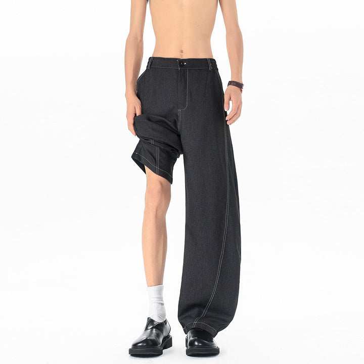 Men's Asymmetrical Two-Layer Jeans Pants with a Shorts and a Wide-Leg Side Mune Fashion