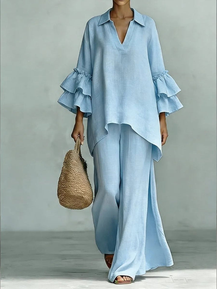 Ladies Linen Loungewear Set with Ruffle Sleeves and Wide Palazzo Pants Mune Fashion
