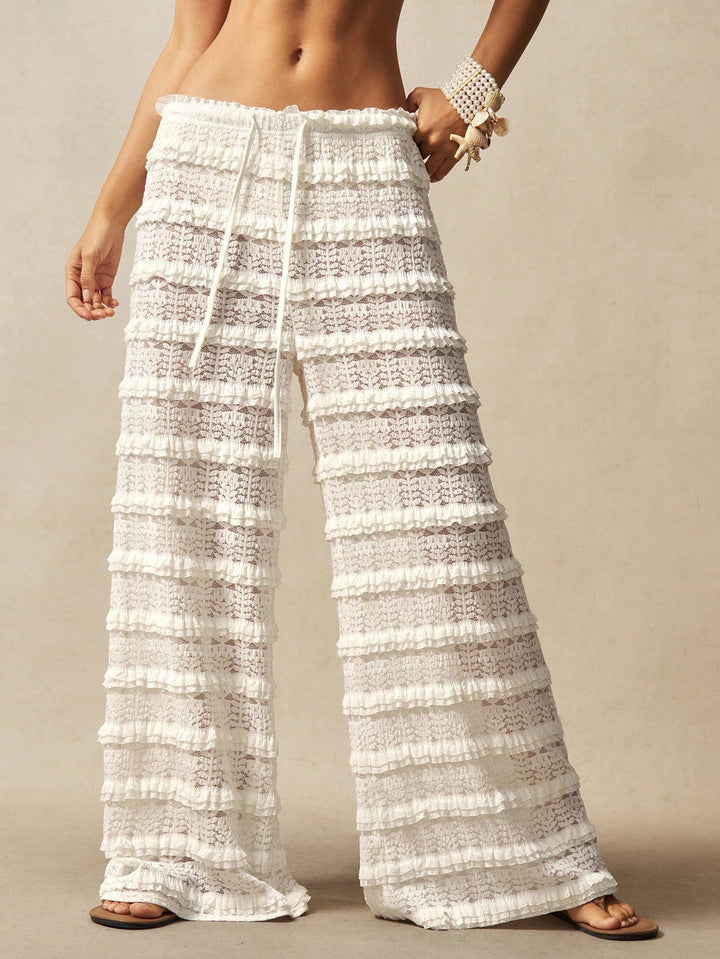 Women's Wide Lace Pants with Tiered Ruffles, Smocked Waistband and Drawstring Mune Fashion