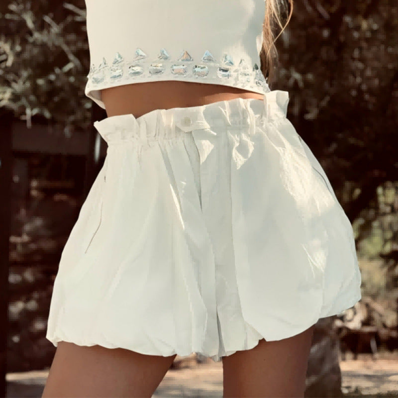 Women's Fashionable Shorts with Elastic Waist and Decorative Ruffled Hem