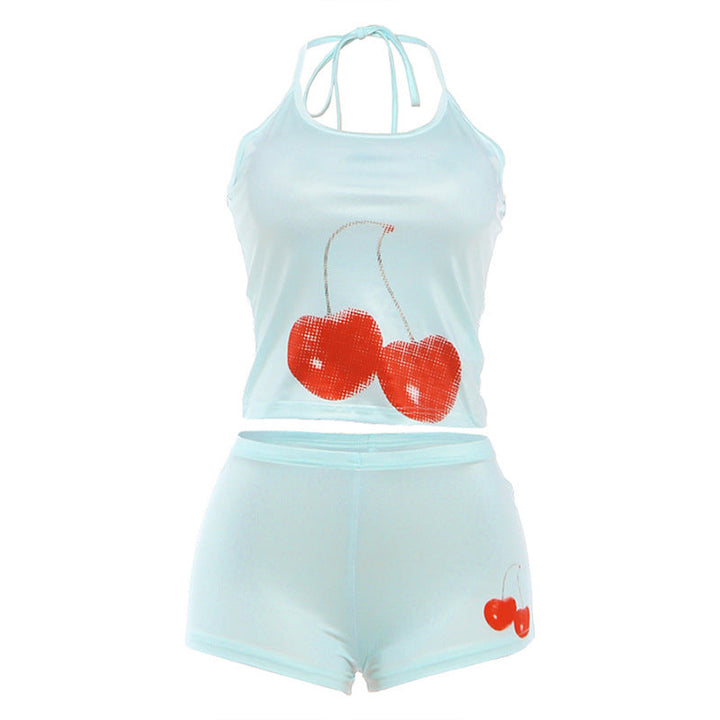 Women's Cotton Cherry Print Crop Top and Shorts Set