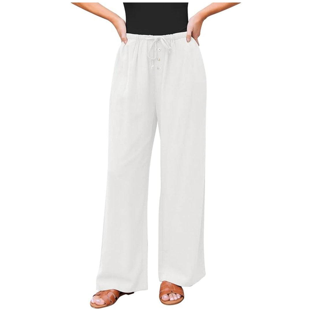 Women Linen-Look Pants with Wide Leg, Elastic Waist, Drawstring and Button Detail Mune Fashion