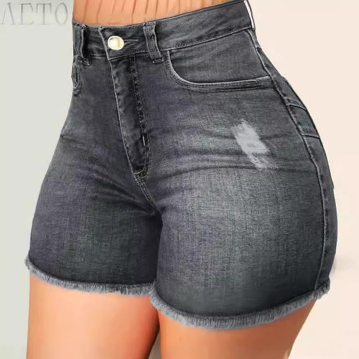 Women's High-Waisted Denim Shorts with Frayed Hem