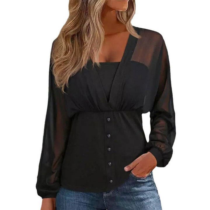Women's transparent chiffon blouse top with button placket and tailored fit Mune Fashion
