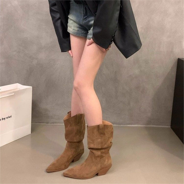 Ladies Slouchy Western Ankle Boots with pointed toe shape and sculpted block heel Mune Fashion