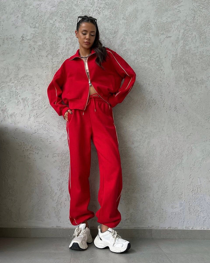 Women's casual sweatset with stand-up collar zip cropped jacket and high-waisted flared pants Mune Fashion