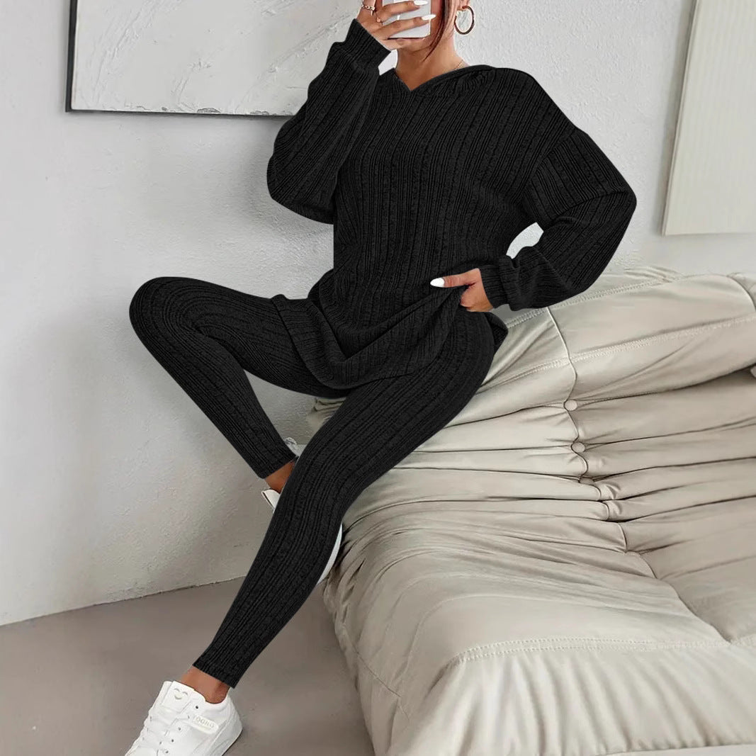 Women's Ribbed Lounge Set in Knit with Oversized Hoodie and High-Waist Leggings Mune Fashion