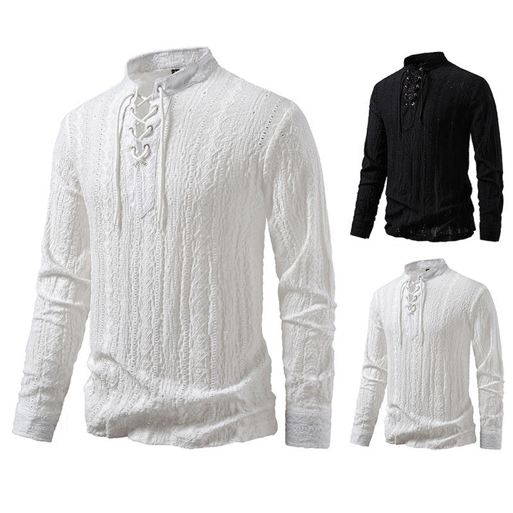 Men's Fine Structure Henley Long Sleeve Shirt with Lacing and Stand-up Collar Mune Fashion