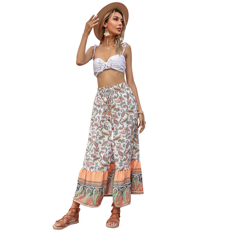 Women's Boho Maxi Skirt with Paisley Allover Print, Elastic Waistband, Drawstring and Ruffle Tier Mune Fashion