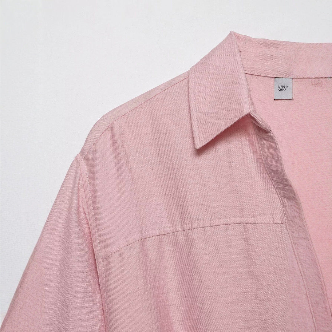Women's Boxy Cropped Blouse with Shirt Collar, Shortened Hem and Roll-Up Sleeves Mune Fashion