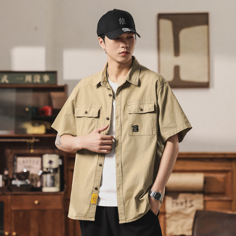 Herren Kurzarm-Fieldshirt im Overshirt-Look mit doppelten Brustklappen, verstärkten Nähten und gerundetem Saum Mune Fashion