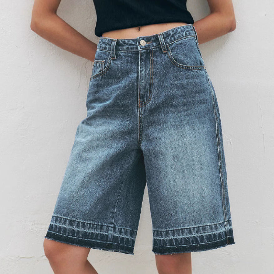 Women's High-Waisted Wide-Leg Denim Shorts with Textured Finish