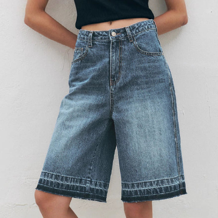 Women's High-Waisted Wide-Leg Denim Shorts with Textured Finish