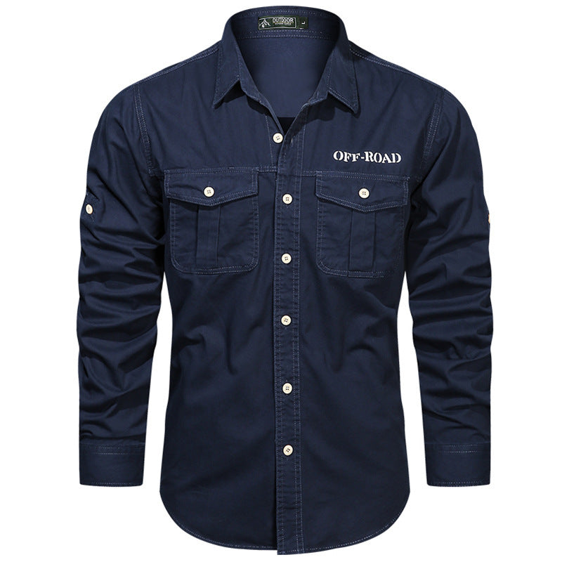 Men's robust utility shirt with double chest pockets and arm roll tab