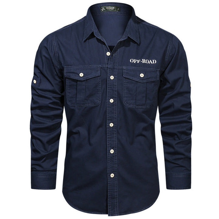 Men's robust utility shirt with double chest pockets and arm roll tab