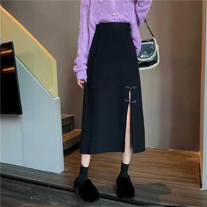 Ladies Elegant Knitted Skirt with Slit and Bow Details Mune Fashion