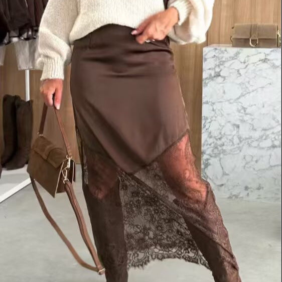 Women’s midi skirt made of satin with pointed front and transparent lace trim Mune Fashion