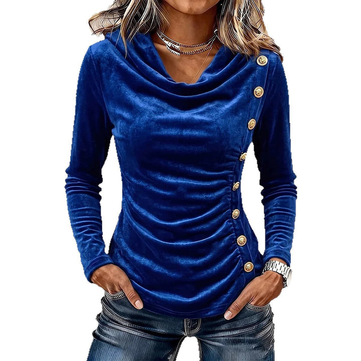 Women's Slim Velvet Top with Waterfall Collar, Draping and Gold-Studded Decorative Buttons Mune Fashion