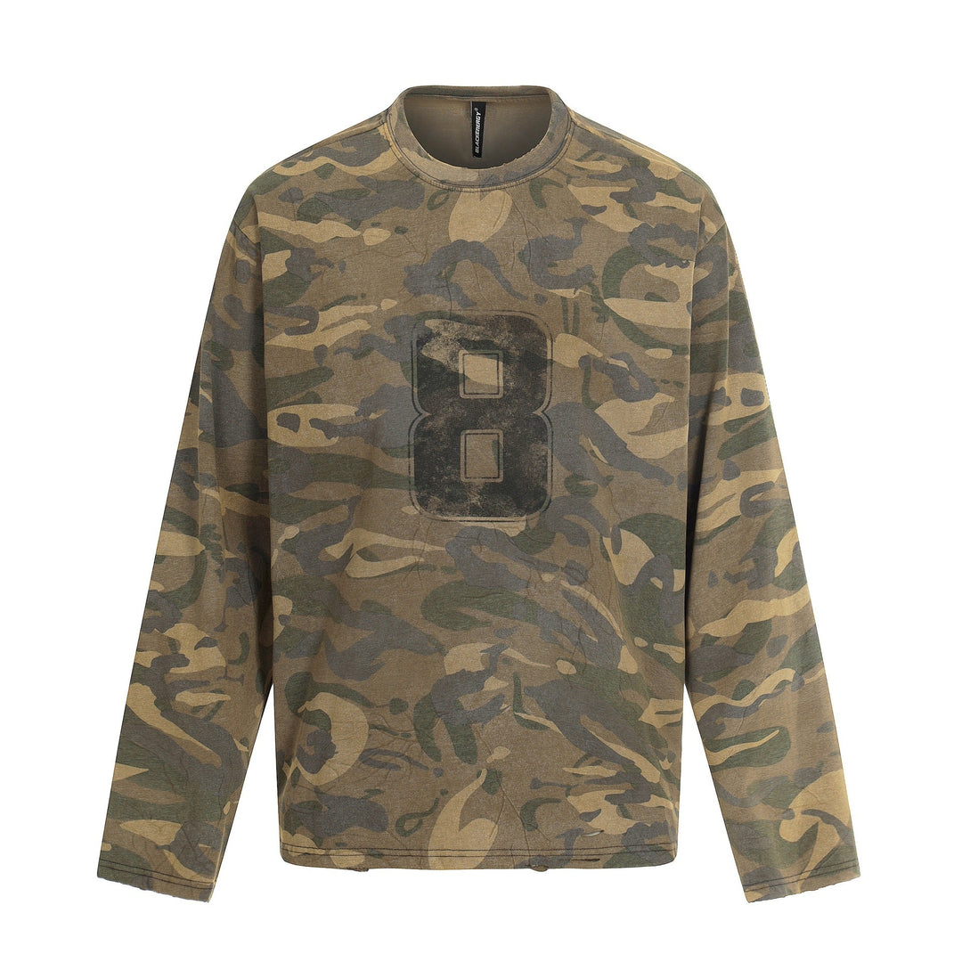 Men's camouflage long sleeve shirt in used look with round neckline and vintage print Mune Fashion