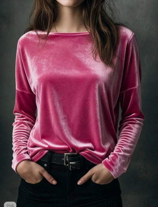 Women's fine velour long-sleeve shirt with boat neckline and boxy silhouette Mune Fashion
