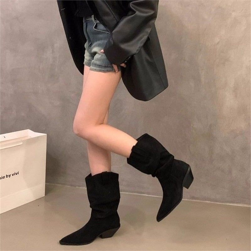 Ladies Slouchy Western Ankle Boots with pointed toe shape and sculpted block heel Mune Fashion
