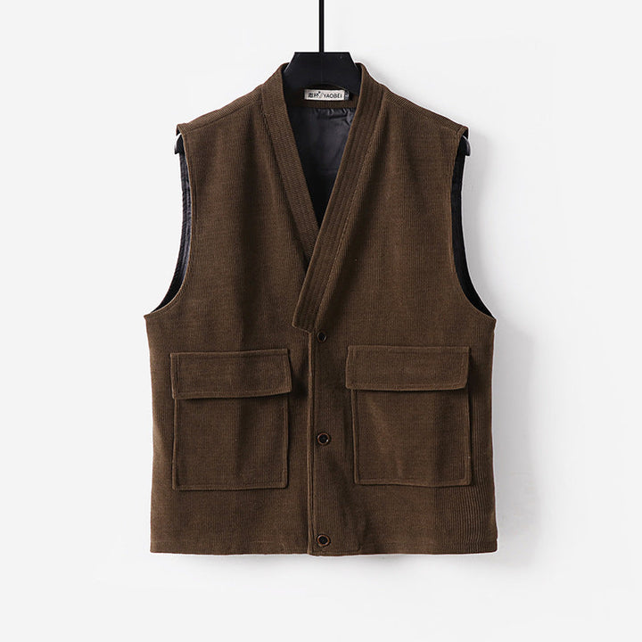 Men's cord waistcoat with V-neck, stand-up collar, and large flap pockets Mune Fashion