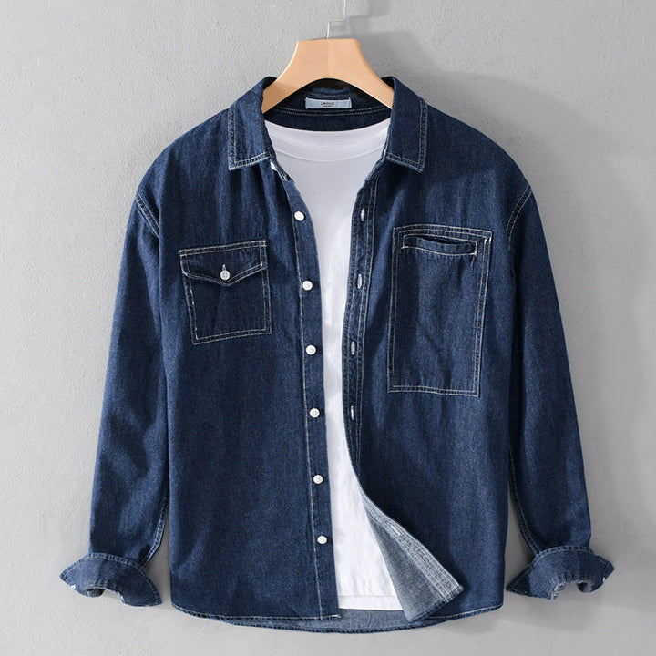 Men's jeans overshirt in worker style with double chest pockets and contrasting decorative seams Mune Fashion