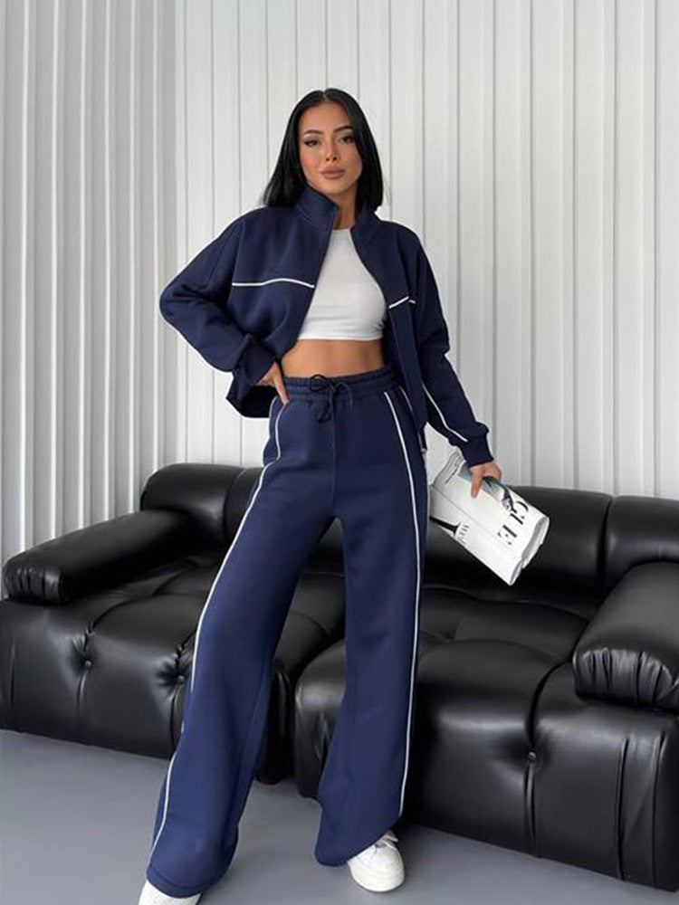 Women's casual sweatset with stand-up collar zip cropped jacket and high-waisted flared pants Mune Fashion