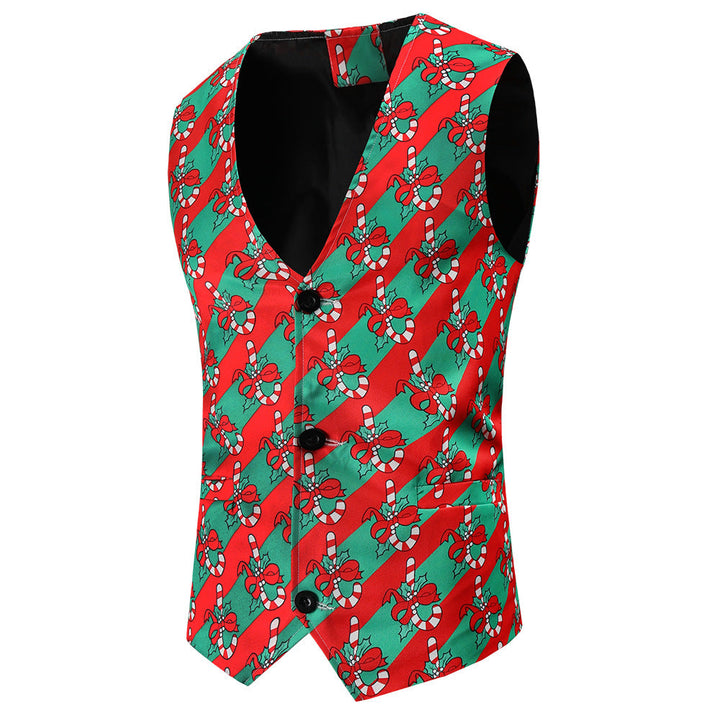 Men's Festive Satin Waistcoat with Christmas Design, Tailored Fit and V-Neck Mune Fashion